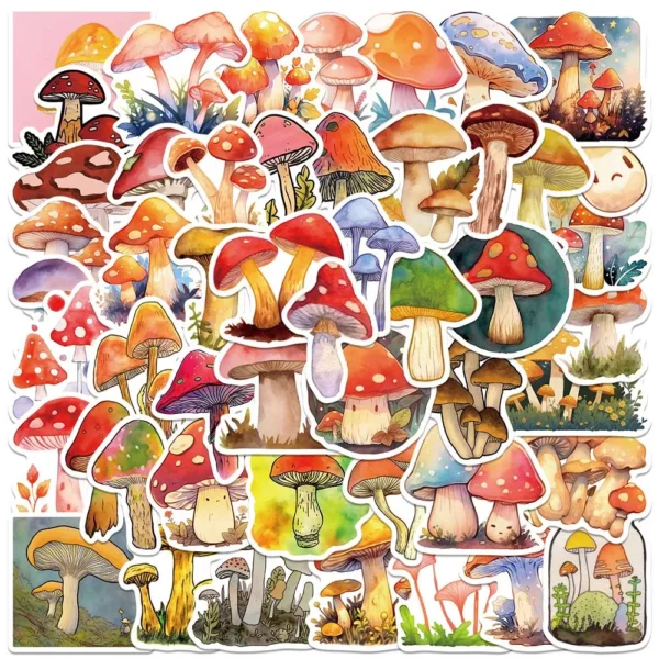 50pcs Mushroom Stickers Cute Cartoon Colorful Plants Waterproof Graffiti For Laptop Water Bottle Luggage Notebook Vinyl